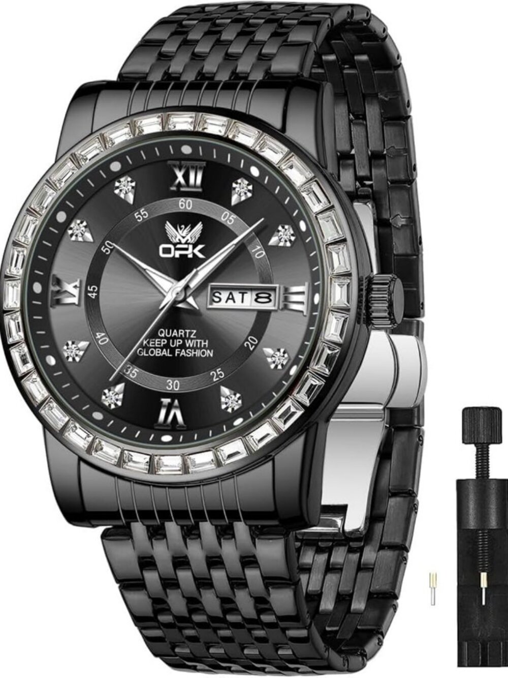 Stylish Waterproof Men's Watch with Diamond Roman Numerals, Stainless Steel